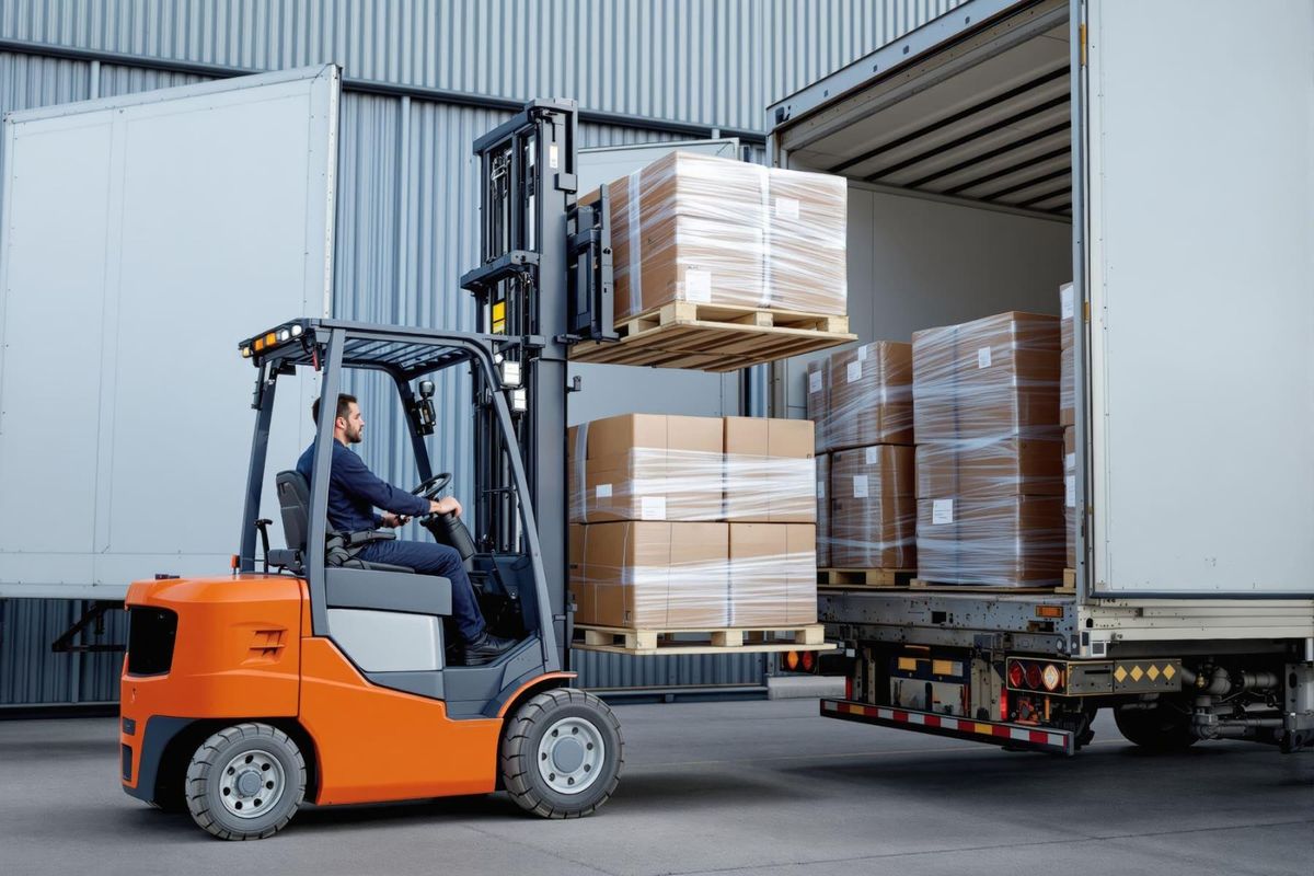 Empilhadeira carregando pallets paletizados em caminhão no galpão de distribuição da ASV